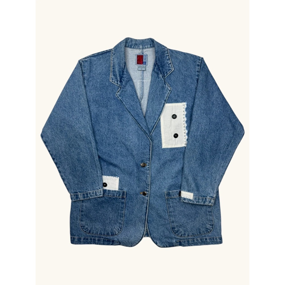 Vintage Sun Belt Denim Blazer Jacket Blue Patchwork Lace Artsy Womens Medium